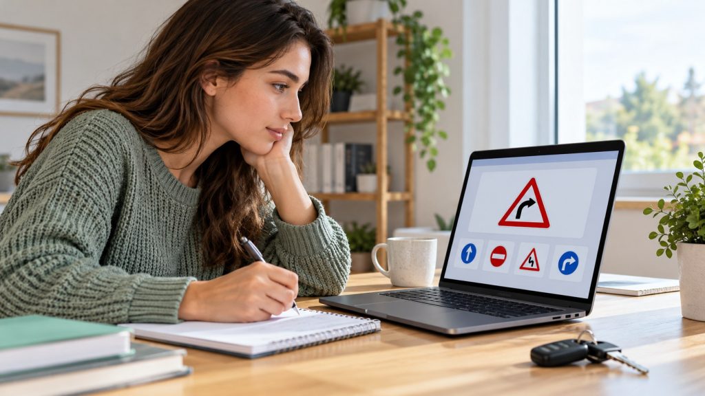 Candidat la școala auto exersează chestionare rutiere online pe laptop.
