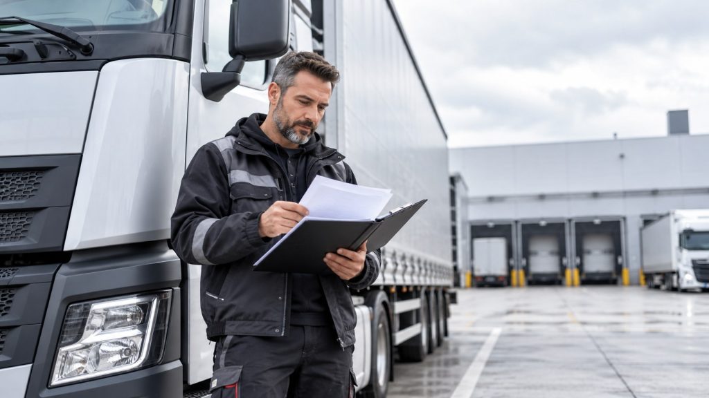 CPI persoane: șofer profesionist studiază documente lângă un camion