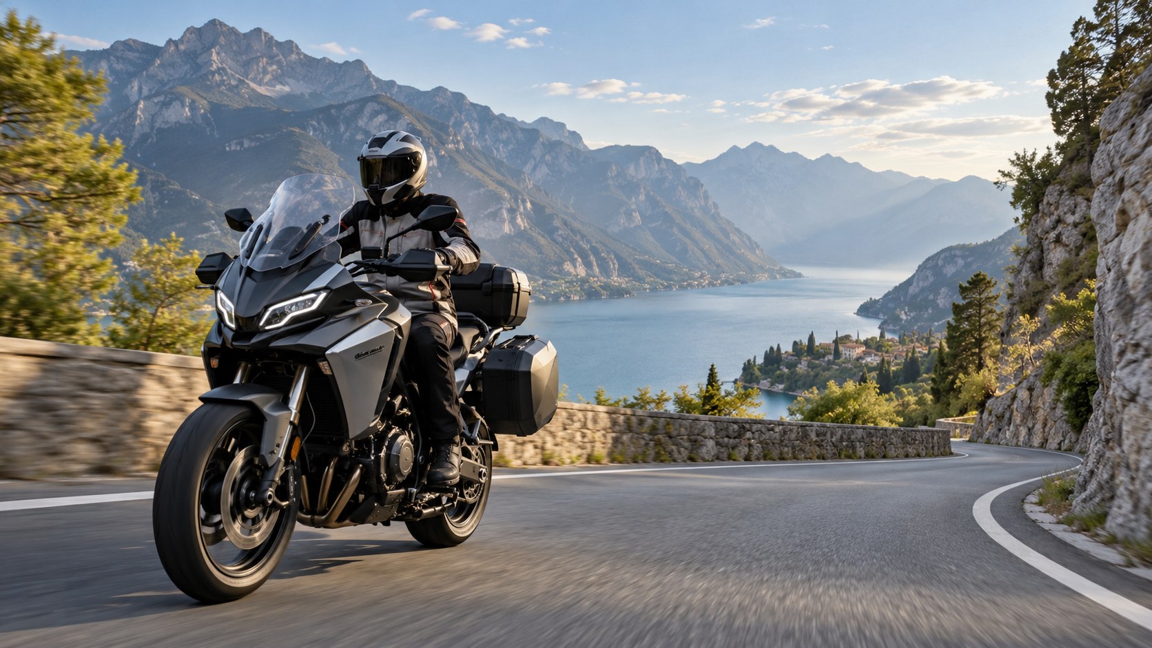 Motociclistă pe drum montan, ilustrând alegerea categoriei de permis moto A1, A2 sau A.