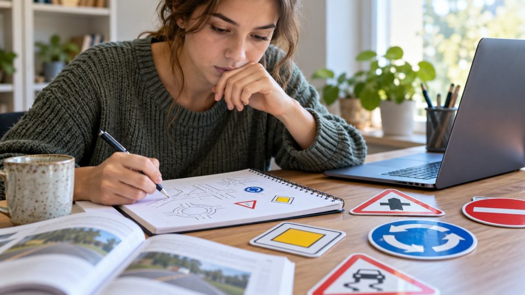 Candidată studiază indicatoare rutiere și își pregătește notițele pentru examenul auto.