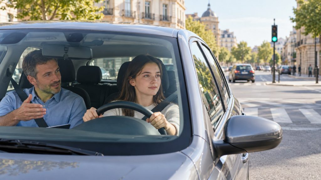 Candidat analizează indicatoare rutiere și întrebări pentru chestionarul auto.