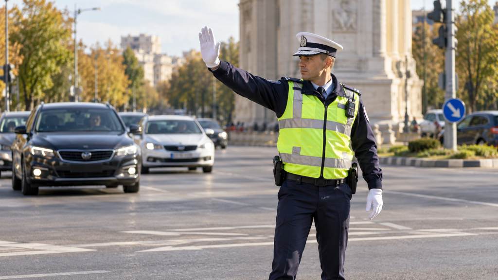 Polițist rutier ridică brațul pentru a opri traficul într-o intersecție