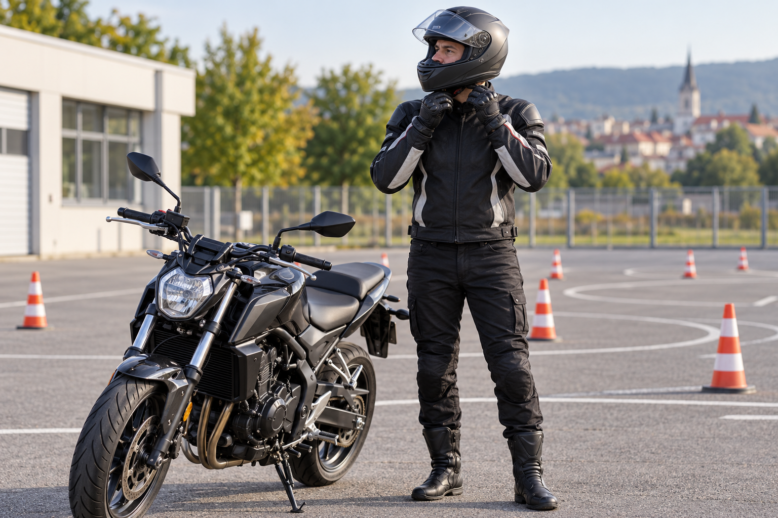 Echipamentul moto pentru începători: cursant cu cască și echipament complet lângă motocicletă