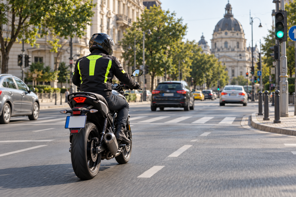 Vizibilitatea motociclistului în trafic: rider cu echipament reflectorizant într-o intersecție