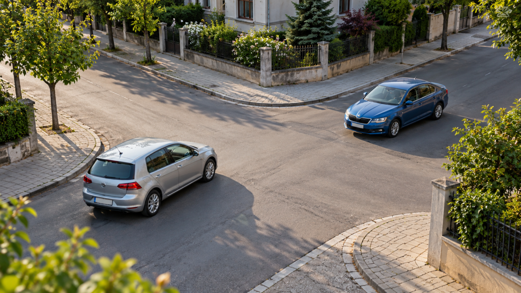 Prioritate în intersecții: două mașini ajung prudent într-o intersecție nedirijată