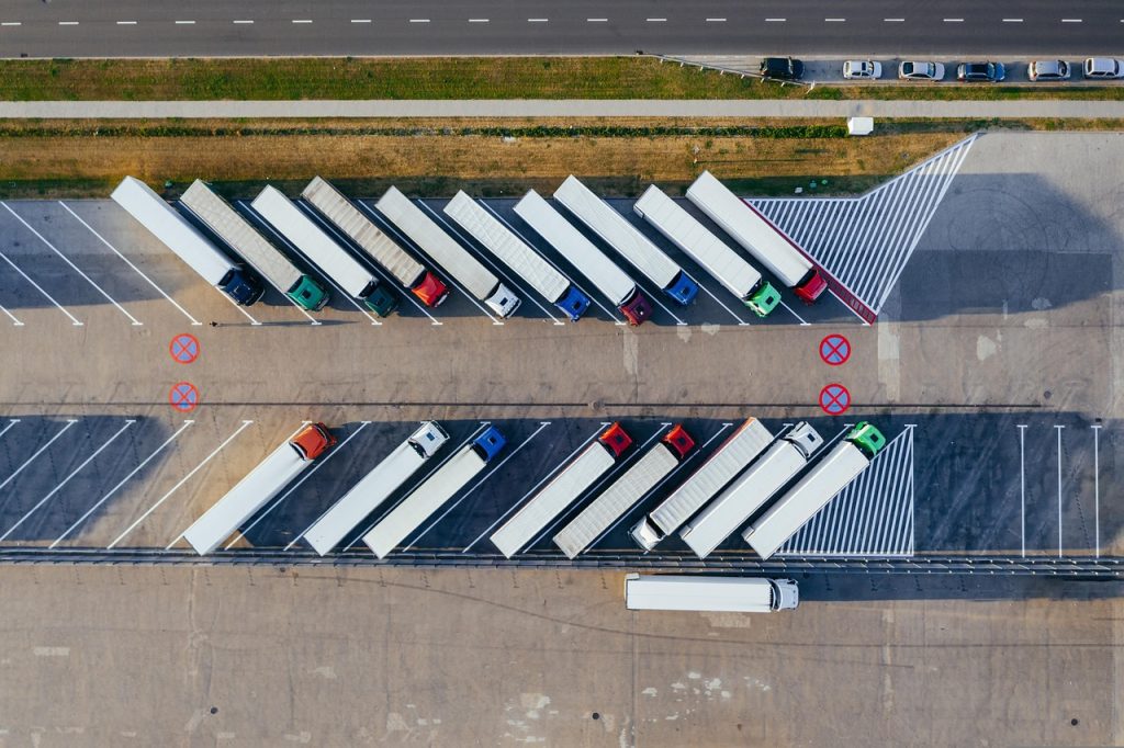 trucks, depot, warehouse, trucking industry, export, import, logistics, aerial view, transport, distribution, storage, storehouse, container, lorry, cargo, transit, poland, europe, trade, loading, aerial photography, Jankowice, Greater Poland Voivodeship, Poland